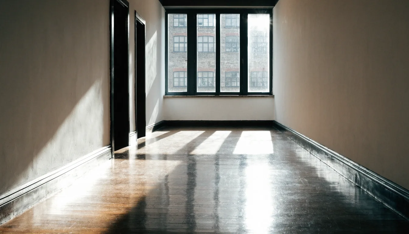 An empty corridor in a London language school with noon light pooling on the floor at the far window