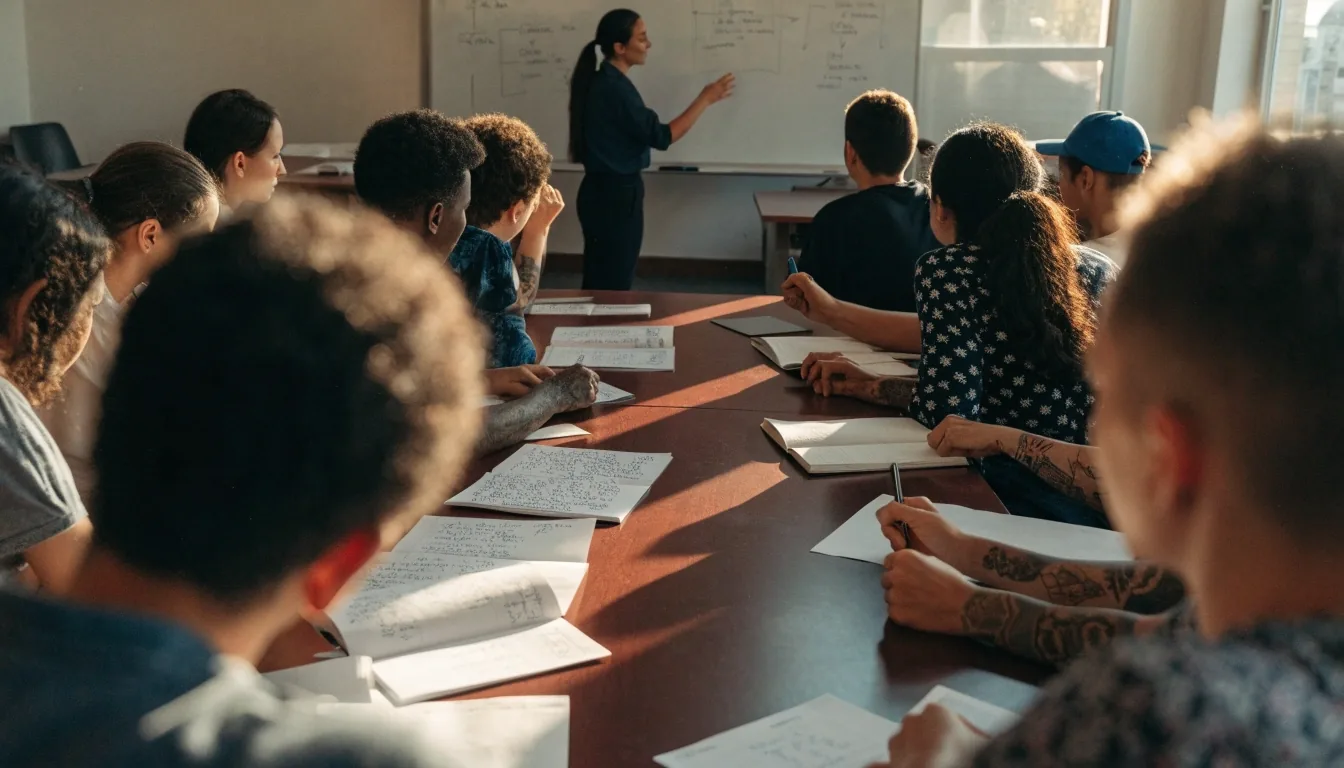 An adult English class from the back of the room, a teacher at the whiteboard and learners at a shared table under noon light