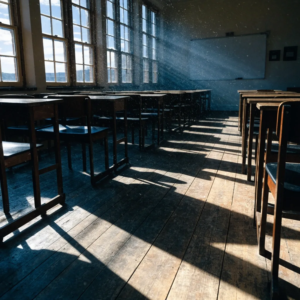 Empty classroom at a British language school in hard noon light, desks facing the front wall