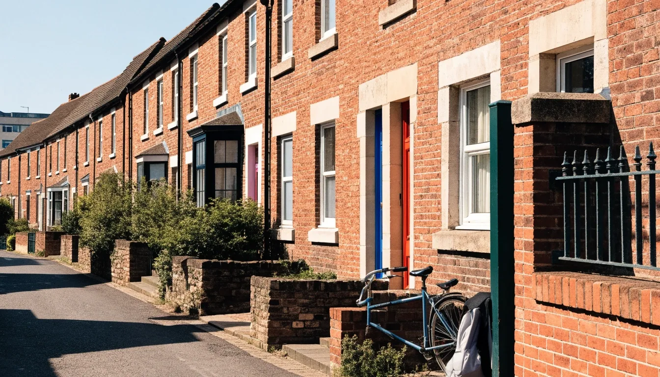A residential West Sussex street of terraced homes with a bicycle and a backpack at a garden gate in midday light