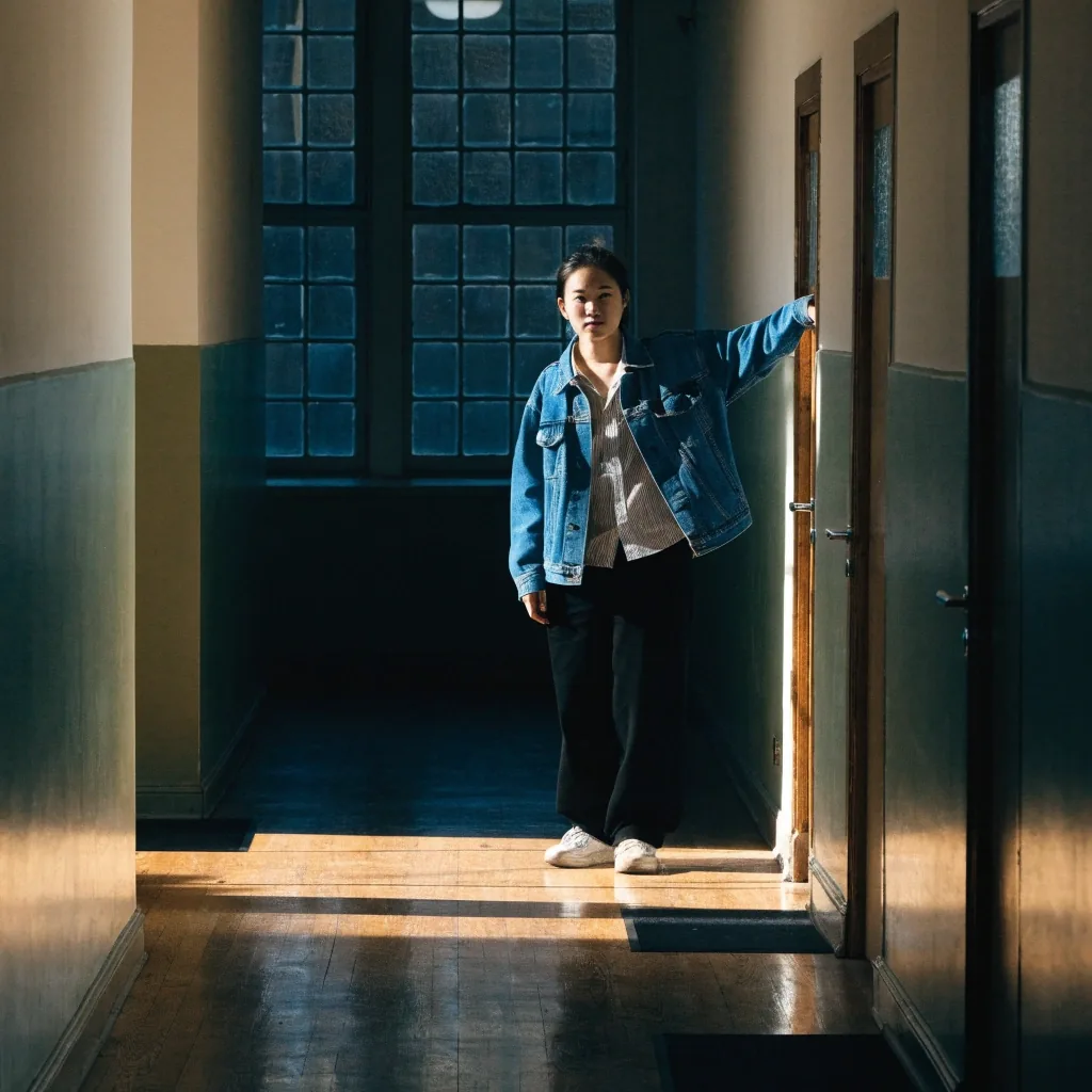 Corridor of a UK language school with noon light from a window at the far end and closed classroom doors