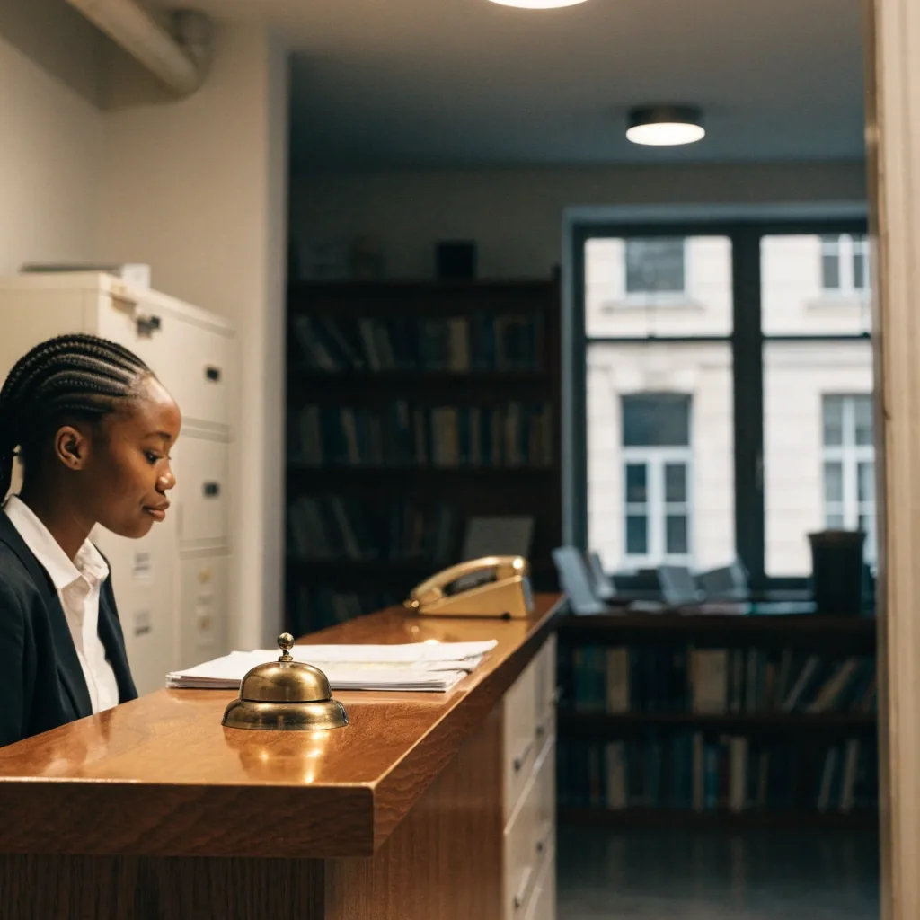 Front desk of a UK language school from the visitor's side, with a service bell, face-down forms, and a wall clock under noon light