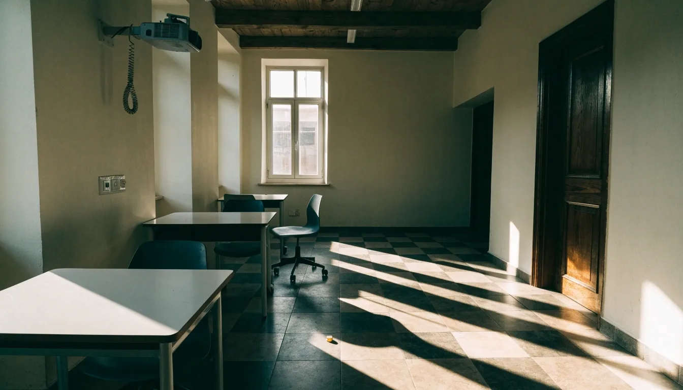Empty classroom in a British language school with long afternoon shadows across the floor