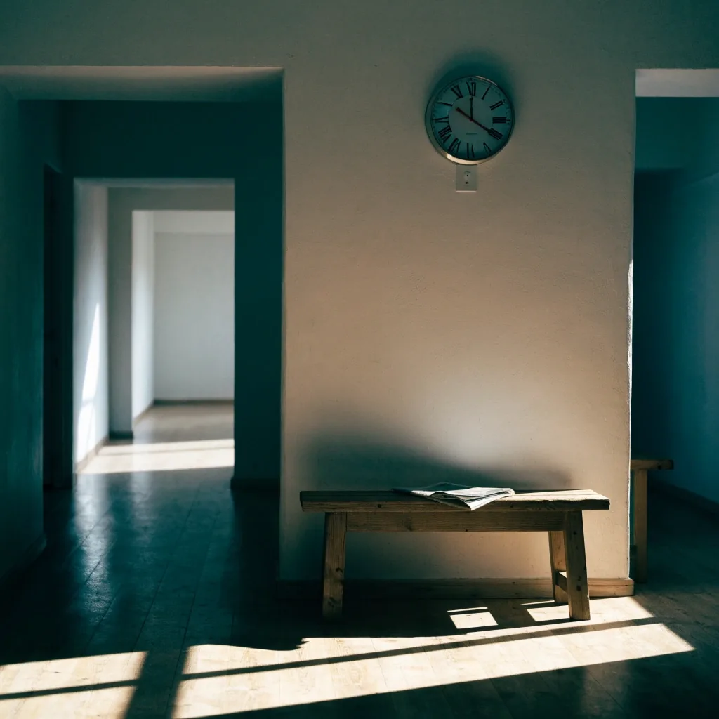 Reception area of a UK language school at midday with hard light across the floor