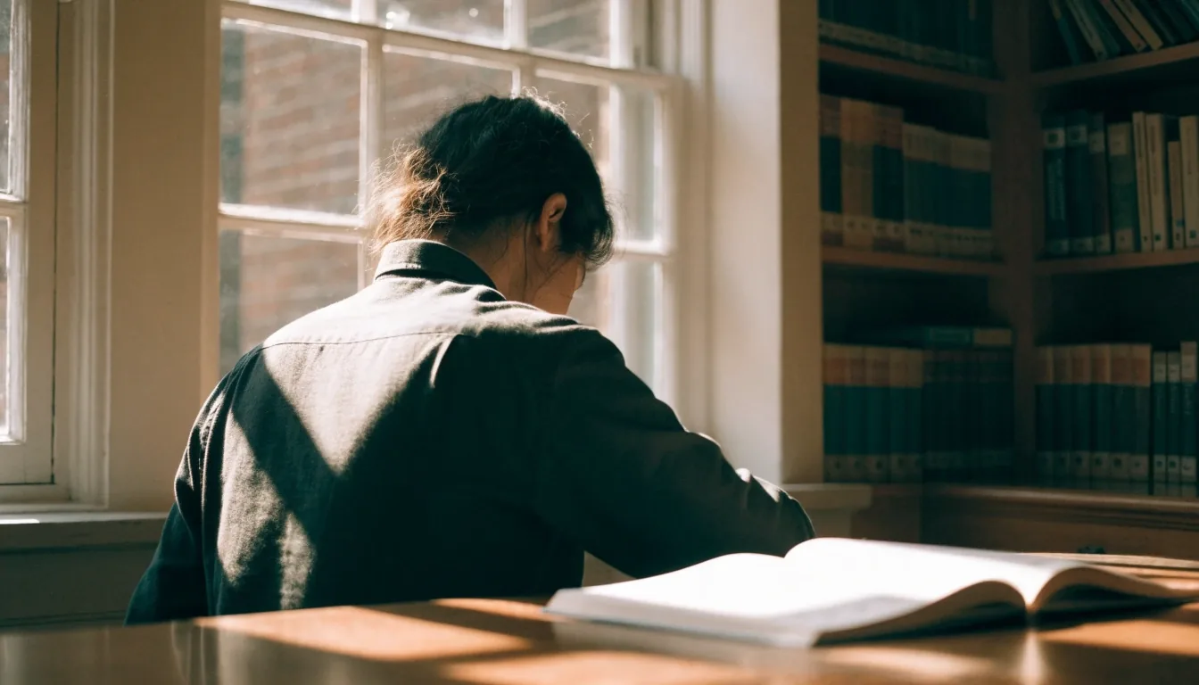 Adult learner at a desk by a window in a UK language school, notebook open and out of focus