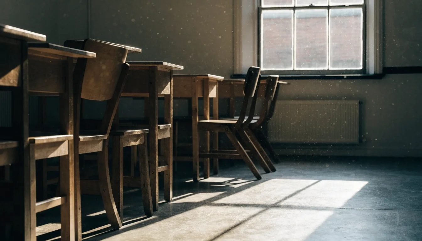Empty adult English classroom in a UK language school with noon light across the desks