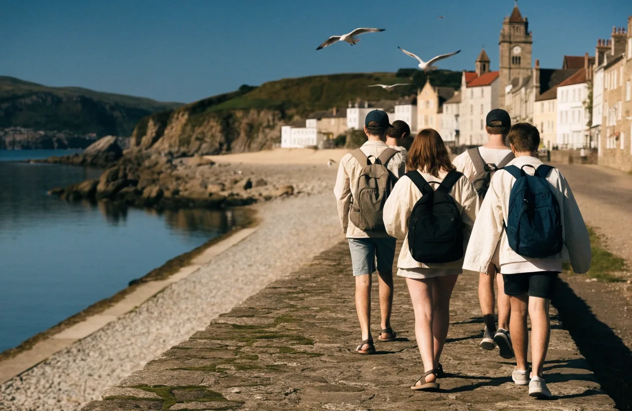 Teenage learners walking along an outdoor path in a British town on a summer afternoon