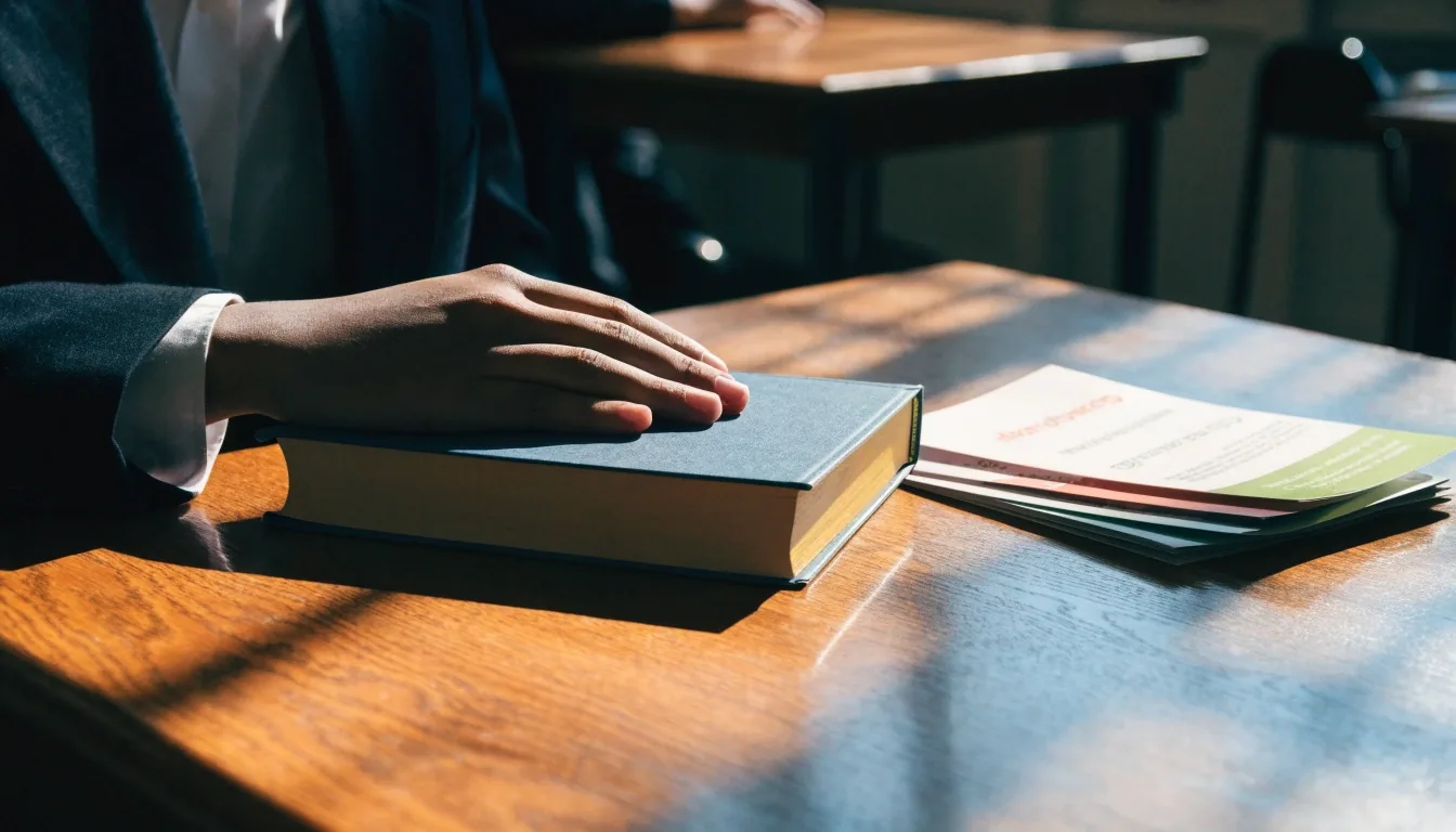 A learner's hands turning a page of an English textbook in hard noon light, the printed page illegible
