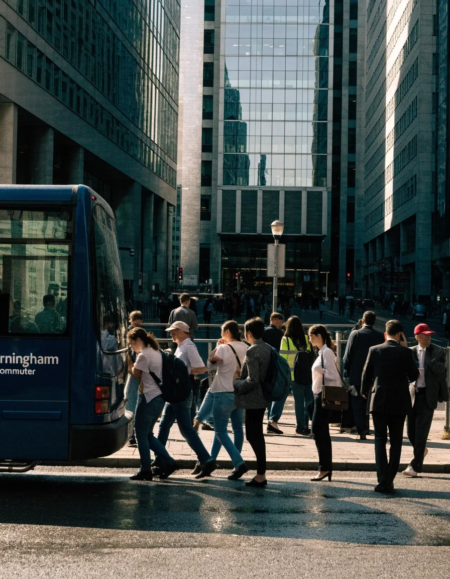 A Birmingham street on a weekday lunchtime with commuters walking past shopfronts