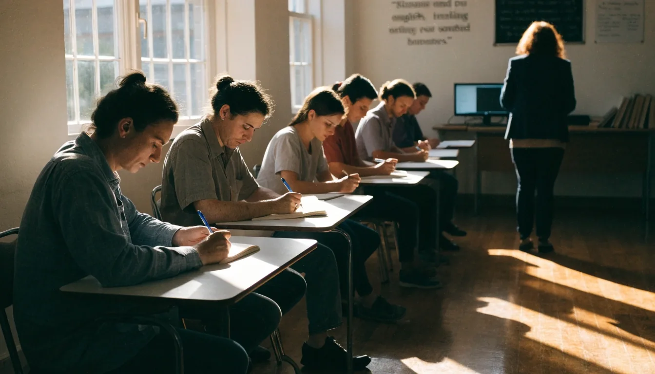 Adults in a Birmingham English class working at tables in a bright room with tall windows