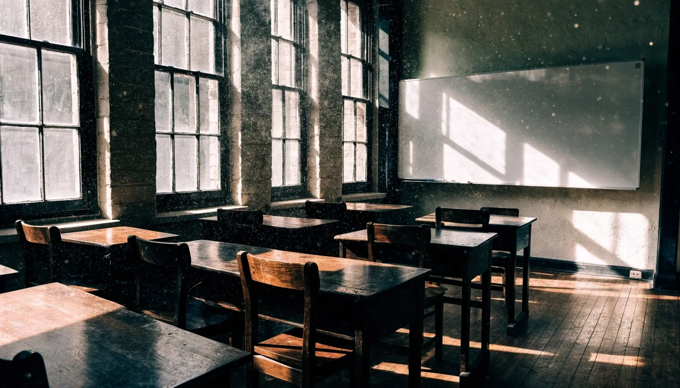 Bristol language school classroom with empty desks and tall windows in hard noon light