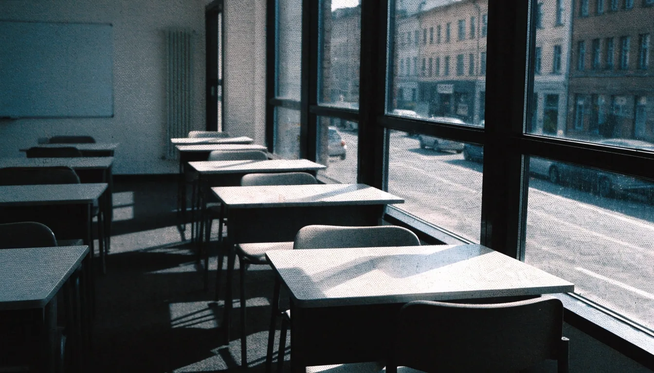Empty Birmingham language school classroom in hard noon light, desks in rows and a blank whiteboard