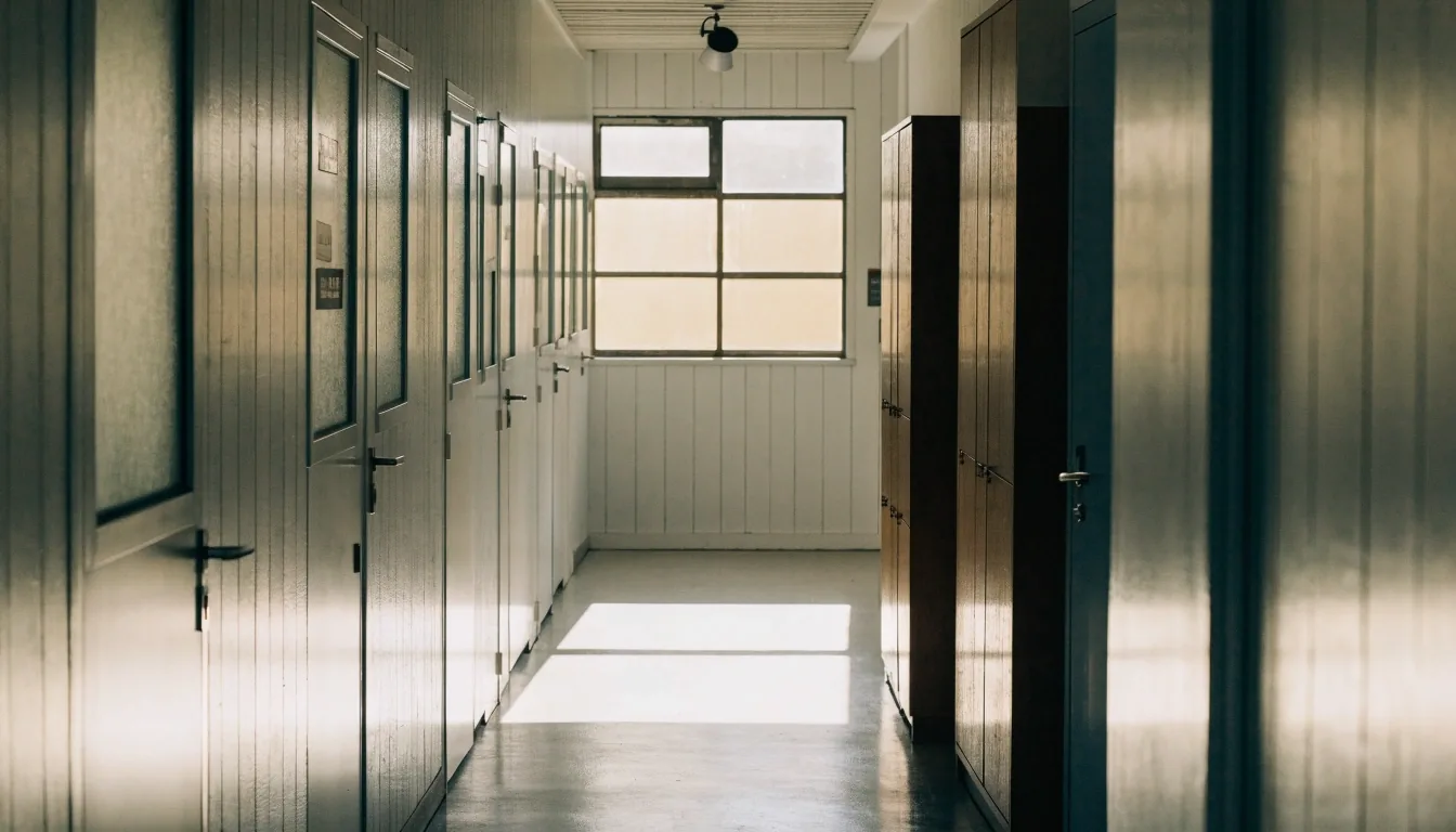 Quiet language school corridor with hard noon light on the floor from a window at the far end