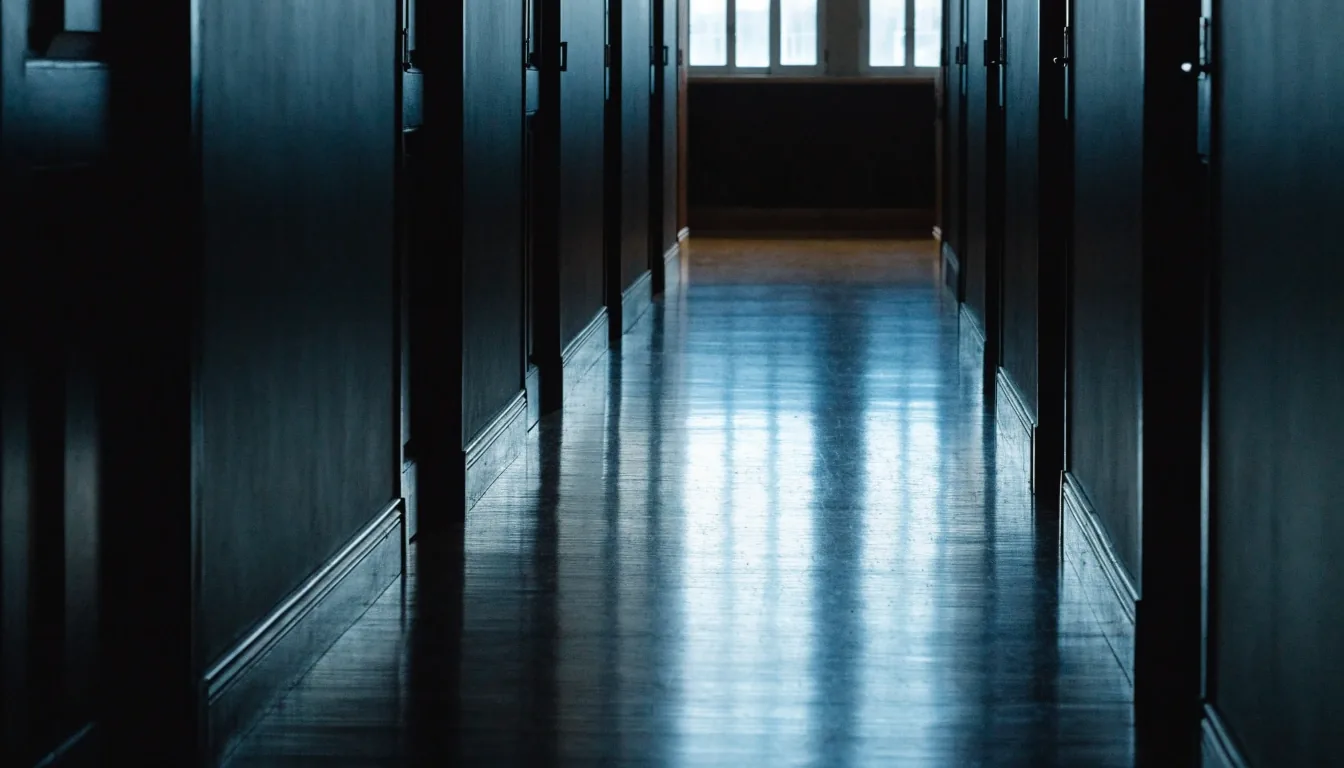 A corridor inside a UK language school with noon light falling across the floor at the far end