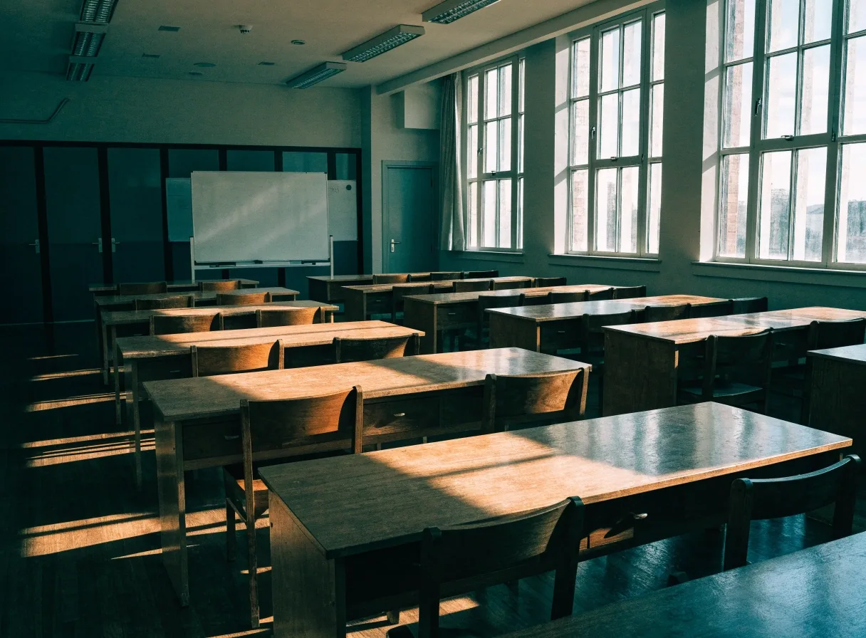 An empty adult English classroom in afternoon light with chairs pushed in and a blank board