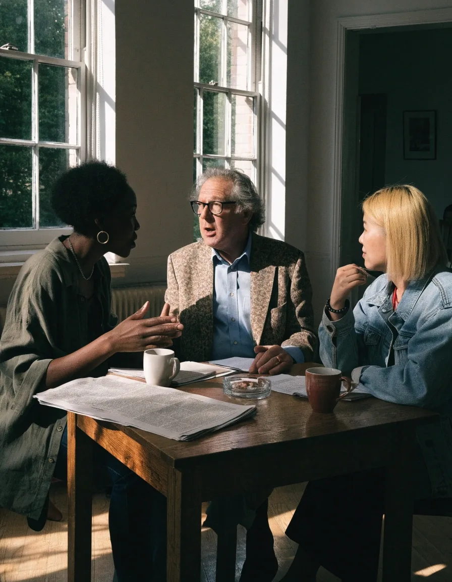 Adults in conversation in a west London language school common room