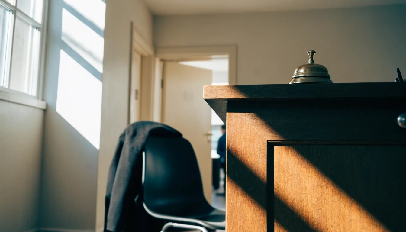 Reception desk of a west London language school under noon window light
