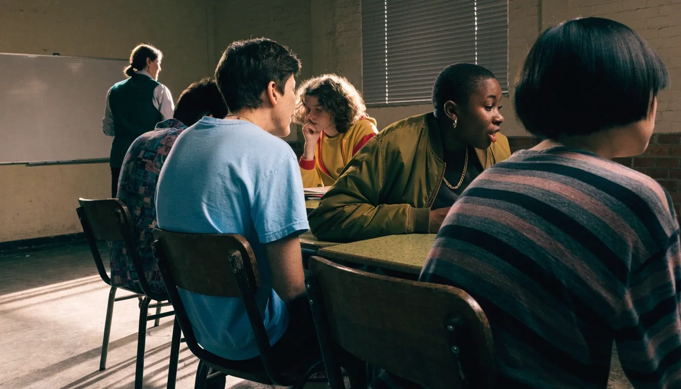 Adult learners at desks during a daytime English class in a west London school room