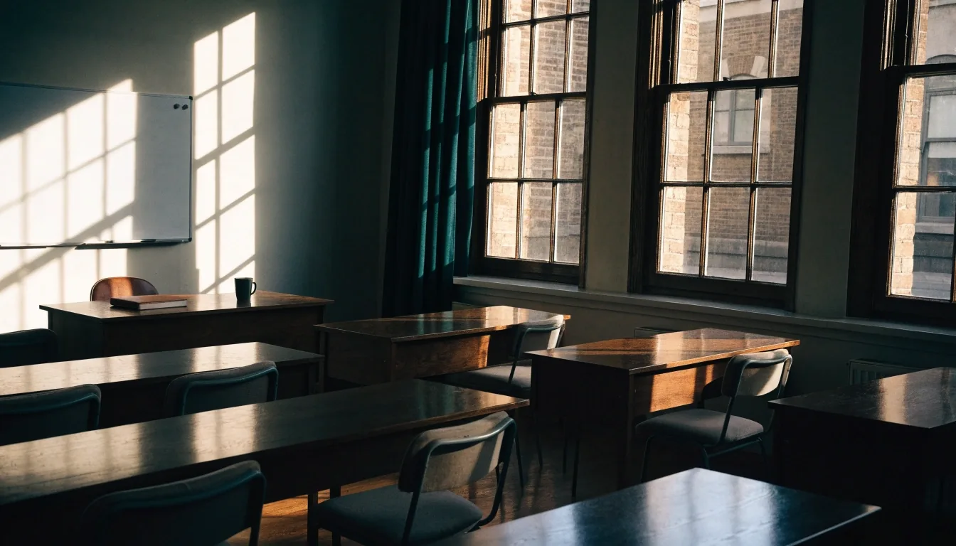 Course workbooks and a closed notebook stacked on a desk at a London English school
