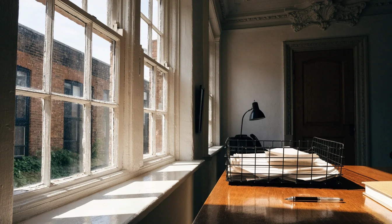 A British language school administrator's office with a notebook and paperwork on the desk under noon light