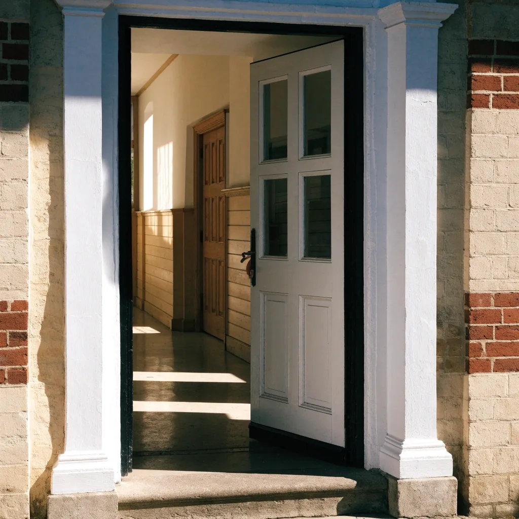 A hand on the door of an English language school in Chichester under hard midday light
