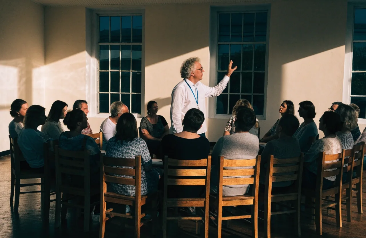 An adult English class in a Bristol school room seen from the back, writing at their desks