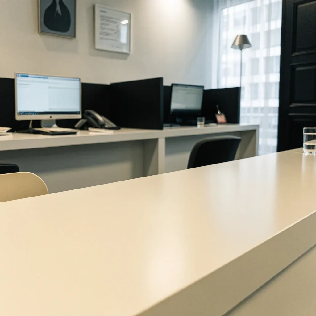 The reception desk of a UK English language school seen from the visitor's side