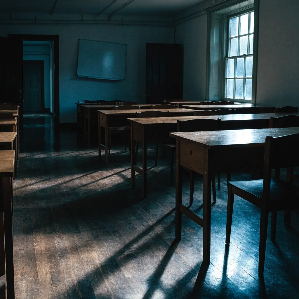 An empty study room in a British language school in hard afternoon light