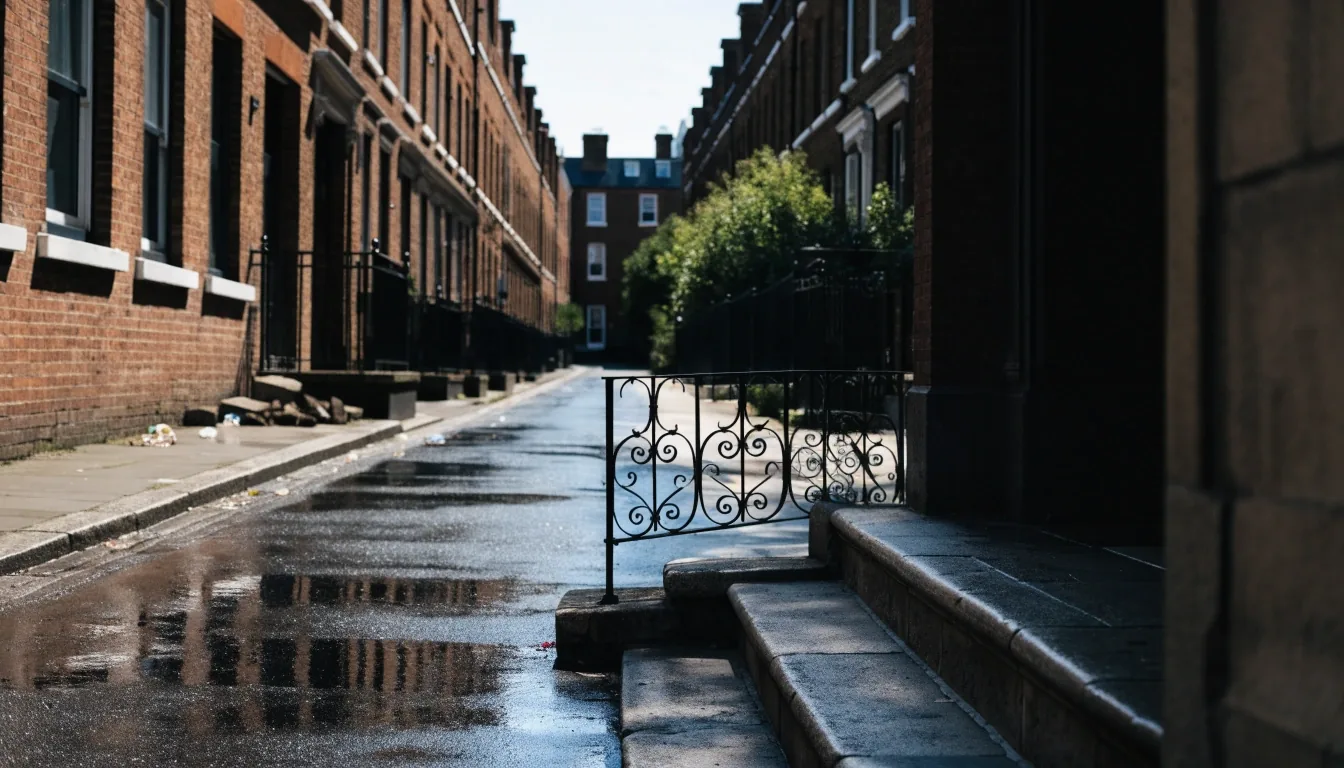 Hard-noon view of a London street from a language school doorway